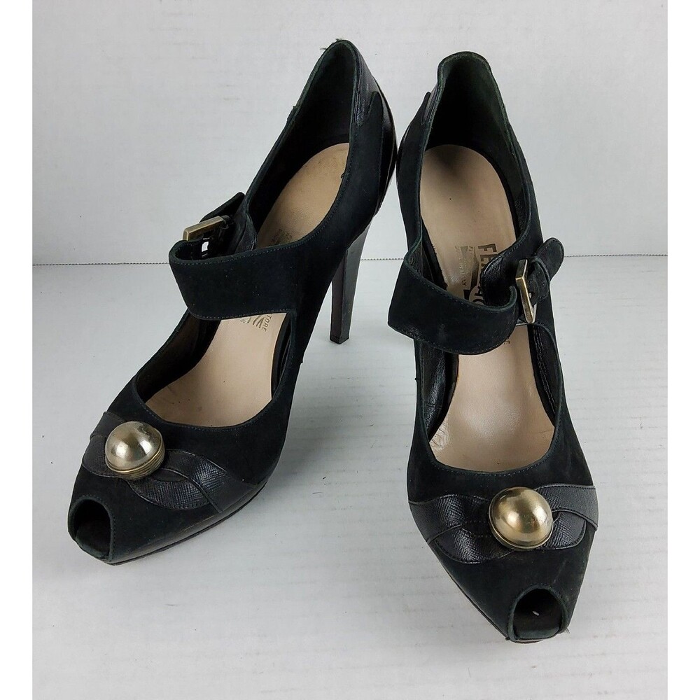 Salvatore Ferragamo Women's Suede Platform Heels Shoes Black Size 8.5 C